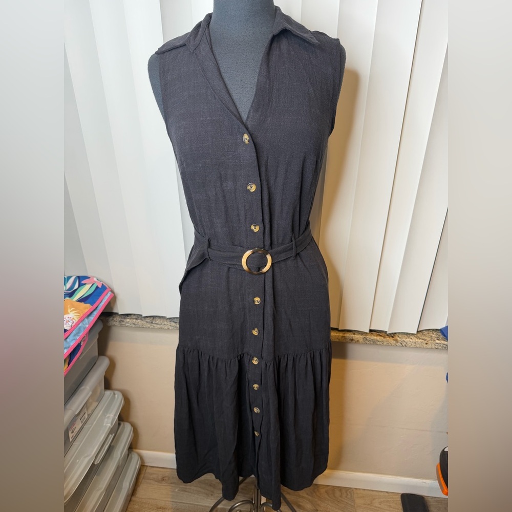Falls Creek Black Sleeveless Linen Blend Tiered Belted Midi Dress NEW